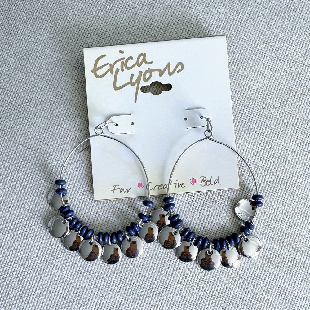 ERICA LYONS Boho Blue and Silver Hoop Earrings NEW